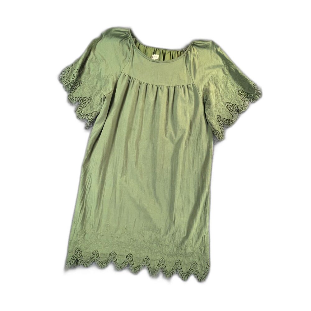 Kindred Olive Green Cotton Shift Dress L Crochet Eyelet Lace Trim Lagenlook Boho